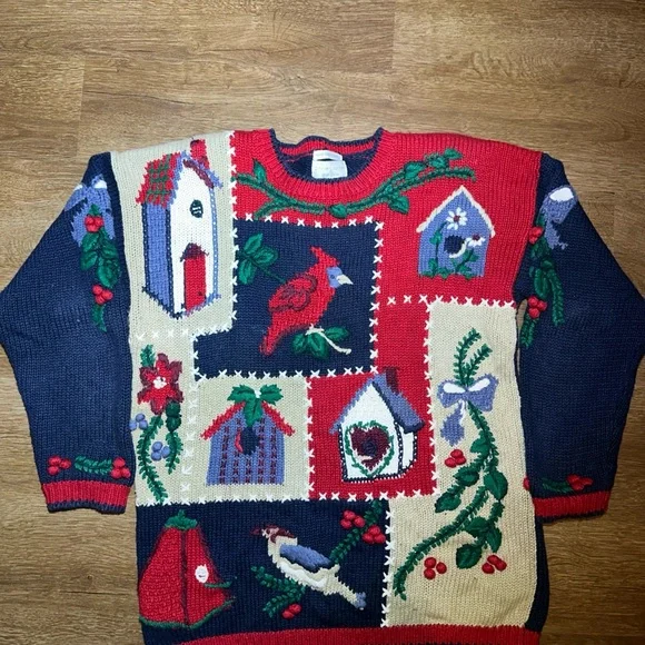Christopher & Banks vintage 80s ladies sweater Cardinal, Quail, Birdhouse M - Picture 3 of 5